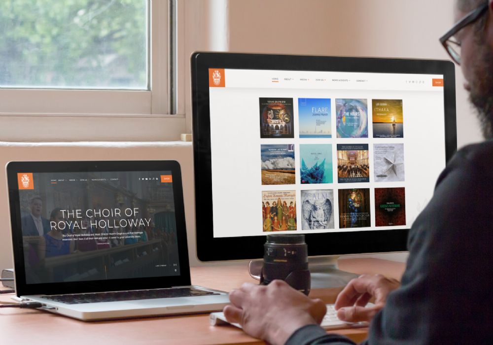 Choir of Royal Holloway mockups on tablet and desktop devices