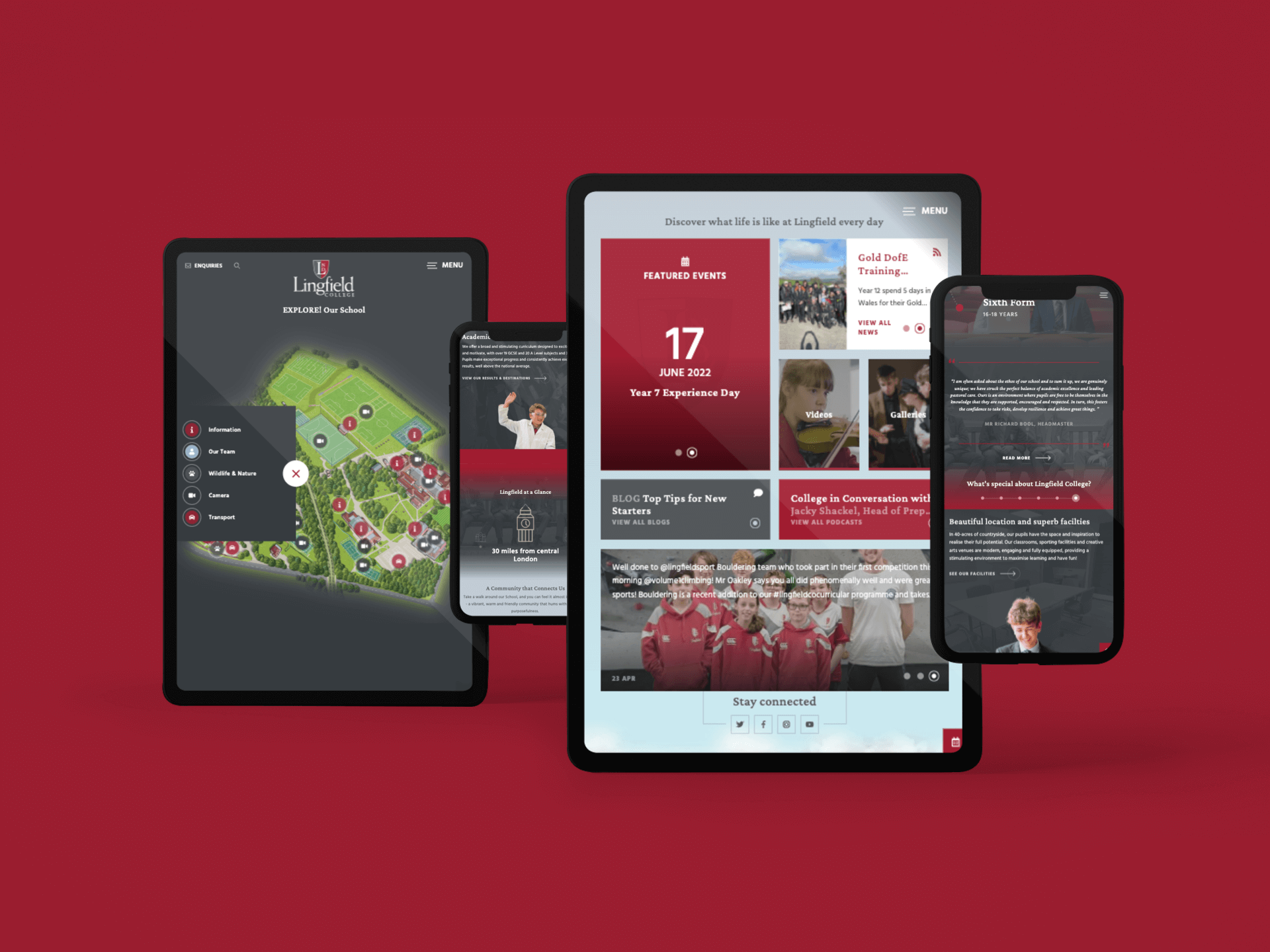 Lingfield website design on 2 iPads & 2 iPhones